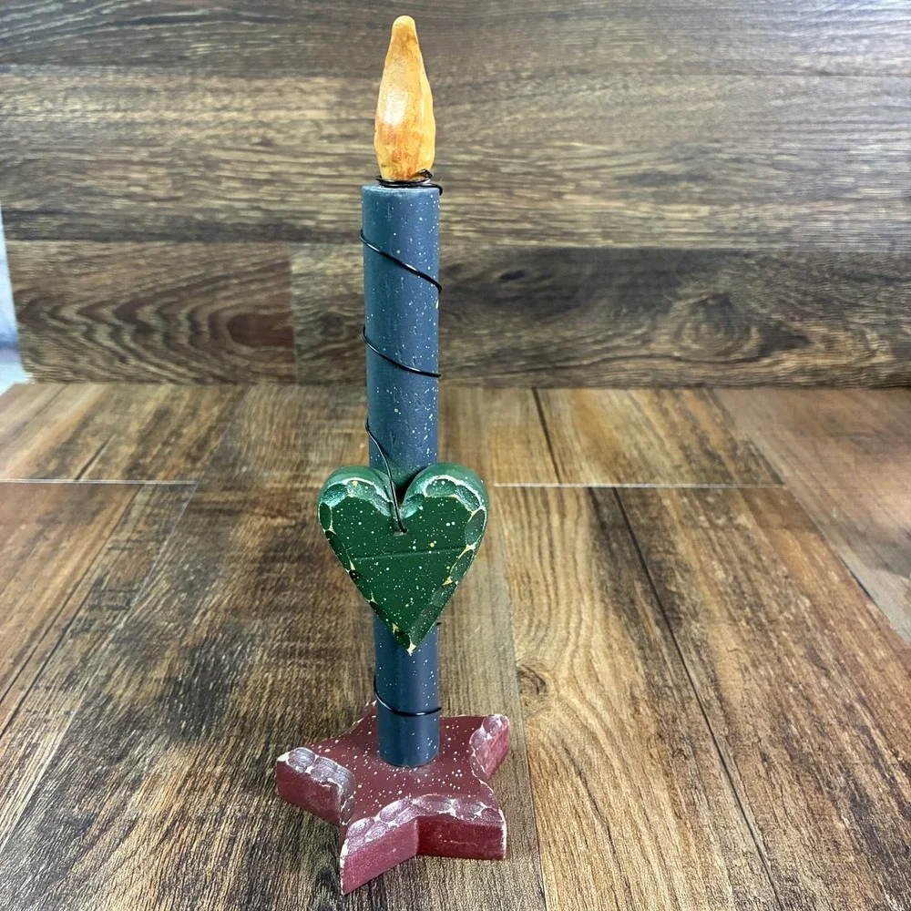 Primitive Wooden Candle Set 3 Rustic Heart Star Base Distressed Folk Art Decor